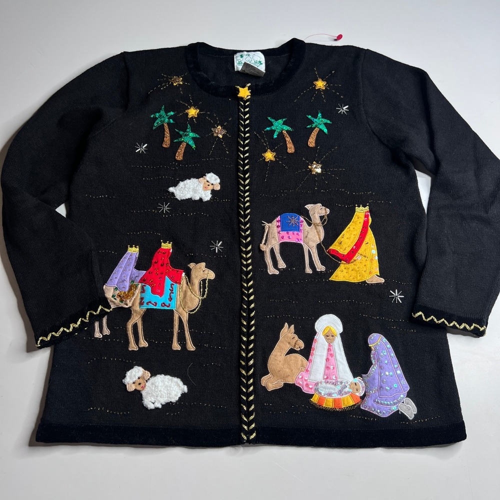 Quacker Factory Nativity Christmas Cardigan Sweater Black Sequin Medium M Zip Up